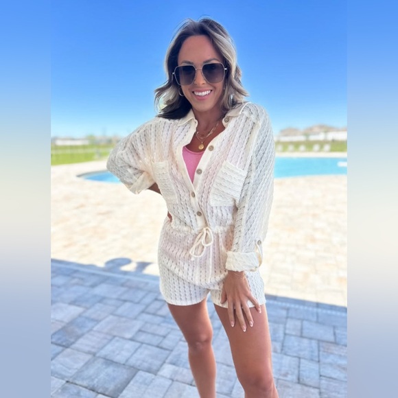 White Crochet Knit Button Down Long sleeve Romper Coverup